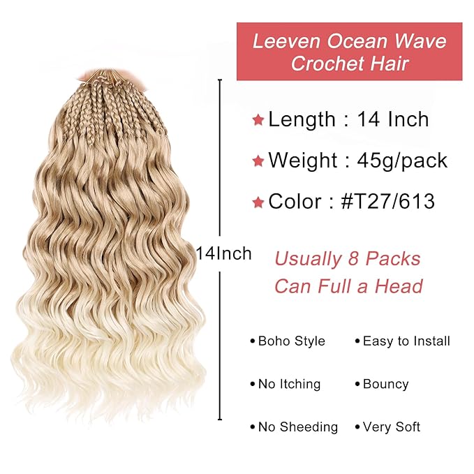 Leeven 14 Inch 8 Packs Ocean Wave Crochet Hair Pre Looped Ombre Blonde Boho Curly Crochet Hair Short Ocean Braids Pre Twisted Synthetic Deep Wavy Crochet Hair for Women #T27/613