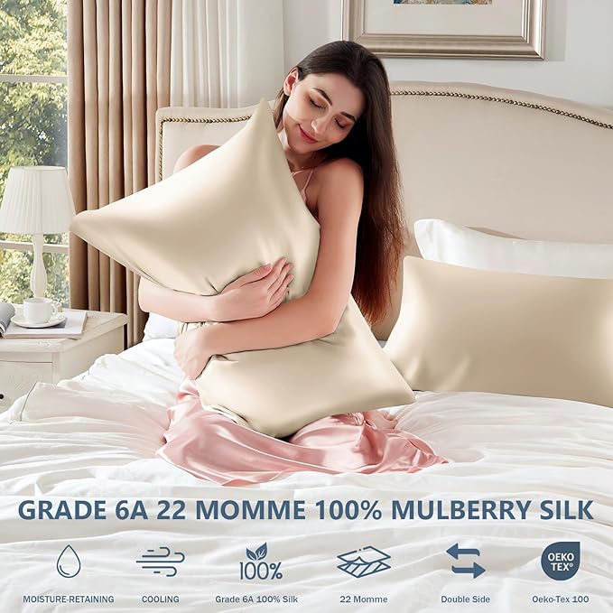 Silk Pillow Cases 2 Pack Queen Size Mulberry Silk Pillowcase Set of 2 for Hair and Skin 30 x 20 Inches 22 Momme Both Side Grade 6A Silk Soft Breathable Cooling with Hidden Zipper, Beige