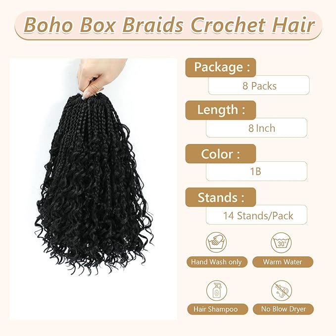 8 Packs Boho Braids Crochet Hair-8 Inch Crochet Box Braids- Bohomian Box Braid Crochet Hair Synthetic Braiding Hair Goddess Box Braids Crochet Hair for Black Women(1B)