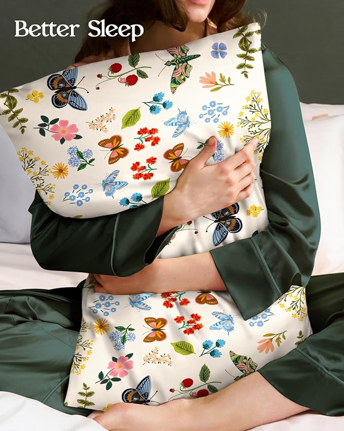 Silk Pillowcase 2 Pack - Cute Pillow Cases 20" x 26" Standard Size Set of 2 for Hair and Skin Smooth Soft Breathable with Hidden Zipper Cooling Pillow Covers for Sleeping, Butterfly Leaf