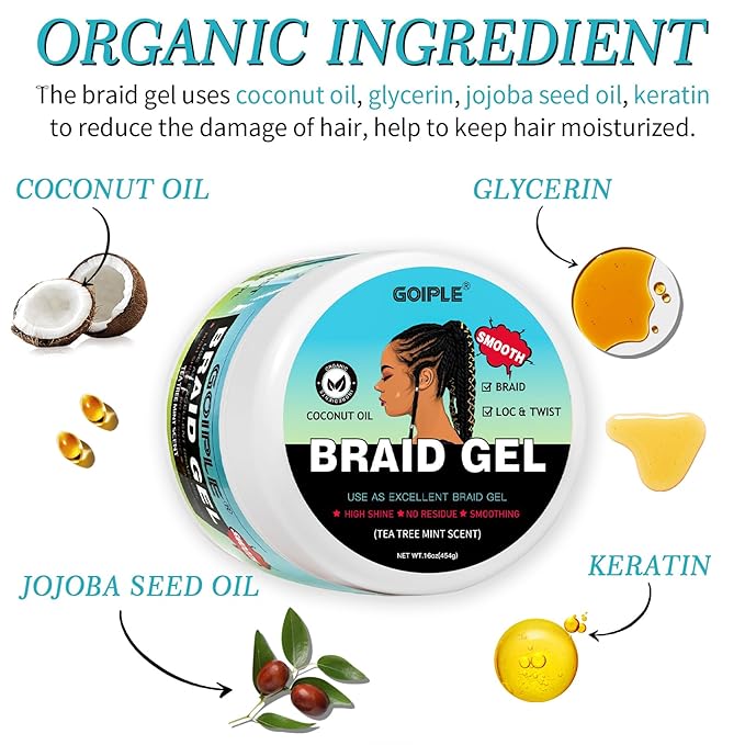 Braid & Loc Gel Good for Twist, Locs, Braids, Edge No Flake Extra Hold High Shine Braiding Gel & Edge Control Long Lasting for Locks, Cornrows Smooths & Tames Frizz 8.8oz (Tea Tree)
