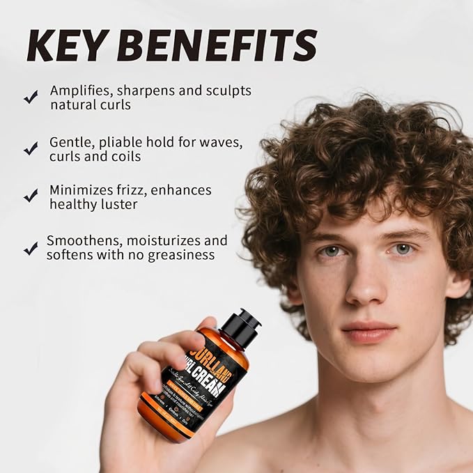 Curl Cream for Men Hair Styling Cream For Wavy and Curly - Mens Curly Hair Products Defines Curls, Tames Frizz, Adds Smoothness and Texture for Curl Without Crispiness - Sea Salt Spray Hold Beach Easy