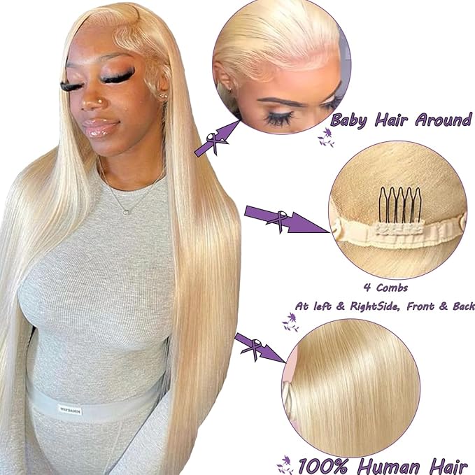 34 Inch 13×6 613 lace front wigs human hair 200% density straight blonde wig human hair pre plucked With Baby Hair