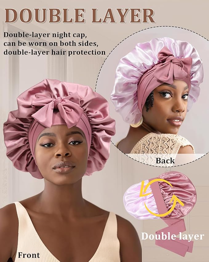 Reversible Satin Bonnet for Sleeping Women Double Layer Hair Bonnet with 2PCS Hair Scrunchies Elastic Tie Band Night Cap