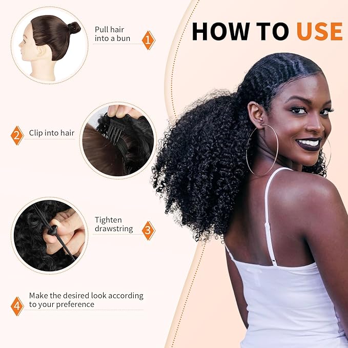 Afro Kinky Curly Ponytail Human Hair 150% Density Brazilian Virgin Hair 4C Afro Puff Drawstring Ponytail Extension for Black Women Natural Color 14 Inch