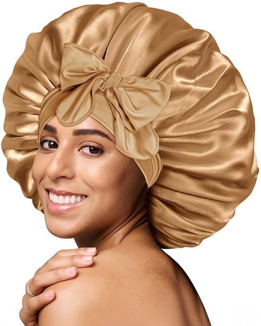BONNET QUEEN Large Satin Silk Bonnet for Sleeping Women's Curly Hair - Big Night Sleep Cap Scarf Wrap with Tie Band - Yellow Gold