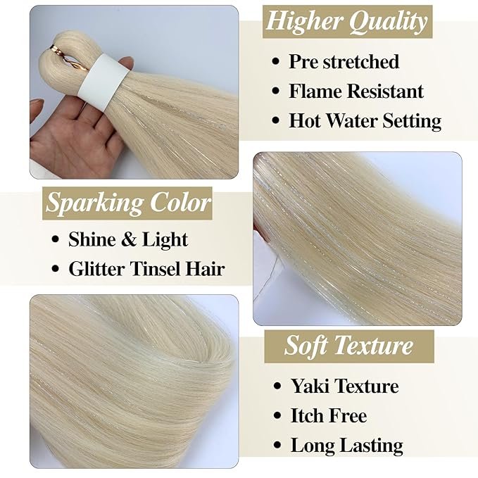 BlondeTinsel Braiding Hair Pre stretched Braiding Hair for Glitter Braids Festival Braids Cosplay