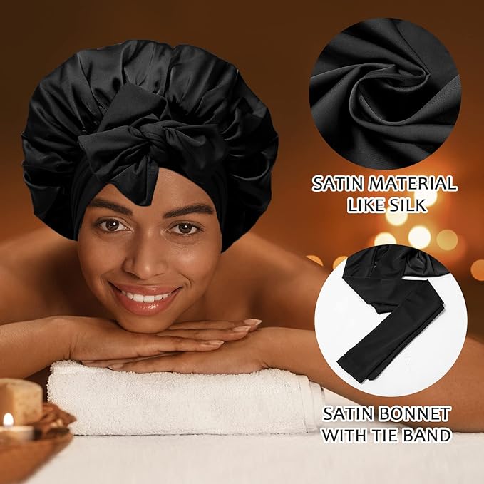 Satin Hair Bonnet Wide Band - Silk Like Sleeping Bonnets for Curly Hair Hair Wrap for Night Cap with Tie Band Breathable Satin Bonnet for Women and Girls (Black)