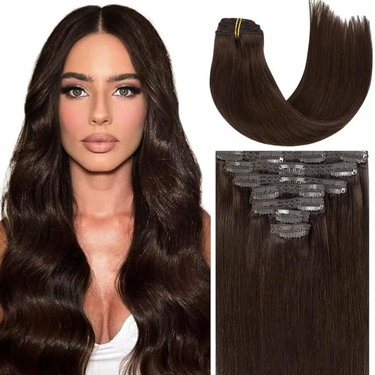 Caliee Clip in Hair Extensions Real Human Hair 14Inch Color 2A Light Dark Brown Double Weft Remy Hair Extensions Clip in Human Hair 7Pcs 120G Thick Long Soft Silky Straight