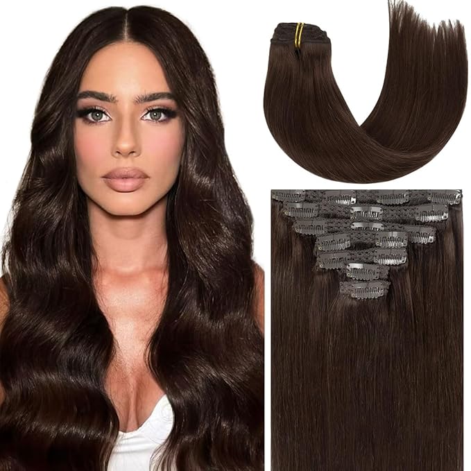 Caliee Light Dark Brown Hair Extensions Clip in Human Hair 18Inch Long Hair Clip in Hair Extensions for Thin Hair 100% Brazilian Virgin Human Hair Color 2A Lace Double Weft 7PCS 120G