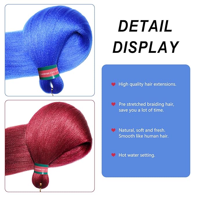 Rose Red+Blue Pre stretched Braiding Hair 2 Packs Pre feathered Braid Hair Extensions 30 Inches Hair Braids