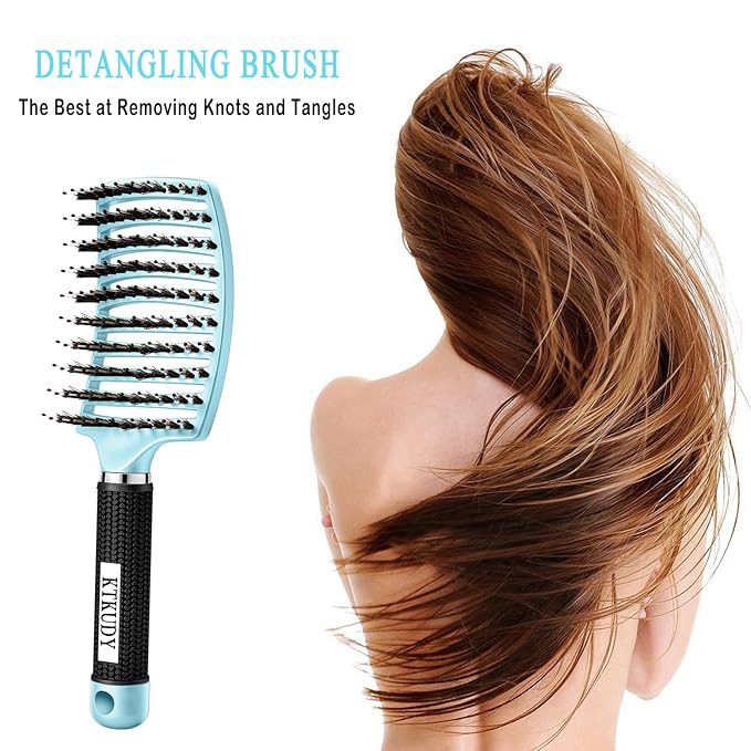 KTKUDY Detangling Brush Boar Bristles Hairbrush Make Hair Shiny & Healthier Curved and Vented Detangler Brush for Women Men Kids Wet and Dry Hair (light Blue)