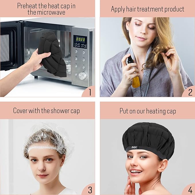 Flaxseed Deep Conditioning Heat Cap - Boloye Cordless 100% Safe Microwave Hot Cap for Natural Curly Textured Hair Care, Drying, Styling, Curling, Universal size (10 PCS One-time shower cap) (Black)