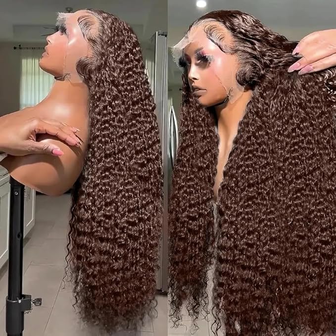 220% Density 13x6 Chocolate Brown Deep Wave Lace Front Wigs Human Hair Pre Plucked Curly Wig Glueless HD Lace Frontal Wet and Wavy Wigs Human Hair for Women 100% Brazilian Virgin Hair 26inch