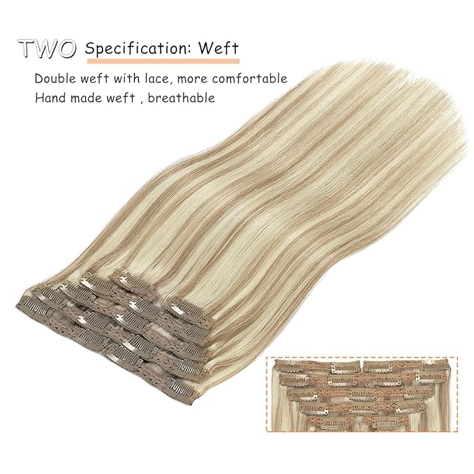 Caliee Piano Golden Brown #10 Mixed Bleach Blonde #613 Seamless Clip in Hair Extensions Double Weft Lace Invisible Silky Straight Remy Hair Extensions Clip in Human Hair 140G 20 Inch