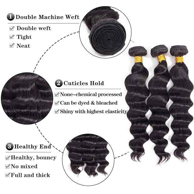 Loose Wave Bundles Human Hair with Closure (22 24 26+20) 12A Brazilian Virgin Human Hair Loose Deep Wave 3 Bundles with 4x4 HD Lace Closure Unprocessed Human Hair Extension Natural Color