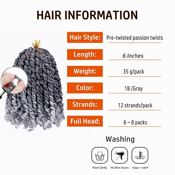 Short Passion Twist Hair 6 Inch 8 Packs Pre-twisted Passion Twist Crochet Hair for Women Pre-looped Water Wave Crochet Braids Bohemian Curly Braiding Hair Synthetic Hair Extensions 1B/Gray