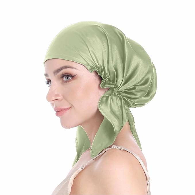 SissiLita 100% Silk Bonnet for Sleeping, Large Silk Sleep Cap with Tie Band for Curly Hair Care (Sage Green)