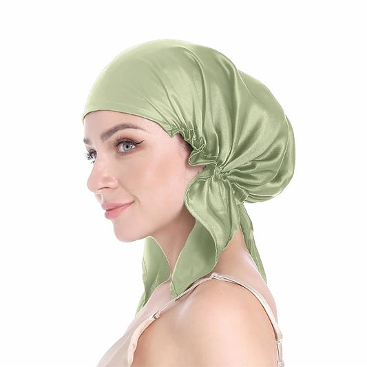 SissiLita 100% Silk Bonnet for Sleeping, Large Silk Sleep Cap with Tie Band for Curly Hair Care (Sage Green)