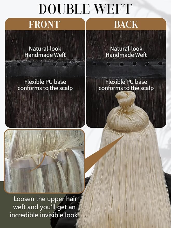 LOXXY Double Weft PU OVO Human Hair Extensions - Genius and PU Invisible Butterfly Weft Hair Extensions Real Human Hair - 16 Inch 100g Darkest Brown, Width 31.5"(80cm)