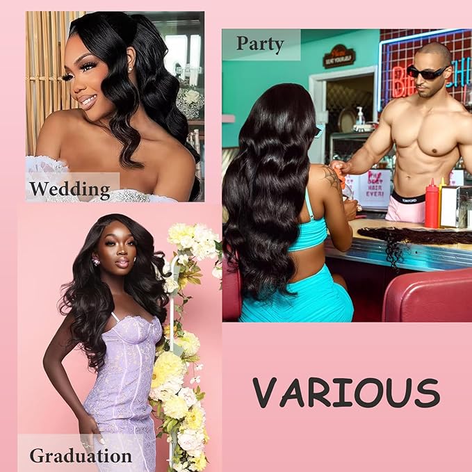 Body Wave Bundles Human Hair Brazilian Hair 3 Bundles Human Hair for Women 22 24 26 Inch 12A Grade 100% Unprocessed Body Wave Bundles Hair Extensions Natural Black