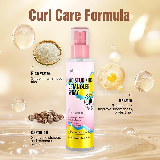Moisturizing Detangler Spray for women, Curly Hair Detangler Spray with Rice Water, Keratin & Castor Oil - Curl Care Formula for Anti-Breakage, Repairs & Smooths, 6.08 oz