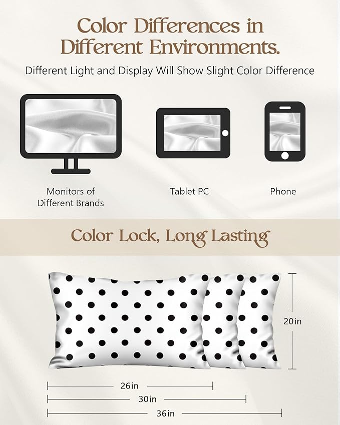 Silk Pillowcase 2 Pack - Cute Pillow Cases 20" x 26" Standard Size Set of 2 for Hair and Skin Smooth Soft Breathable with Hidden Zipper Cooling Pillow Covers for Sleeping, White Black dot