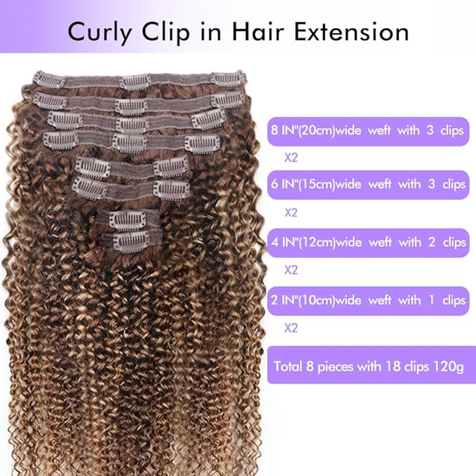 Curly Clip In Hair Extensions Real Human Hair Clip Ins Balayage Chocolate Brown to Caramel Blonde Human Hair Extensions 8Pcs with18clips 120g/Set (18 inch，#4/27/4)