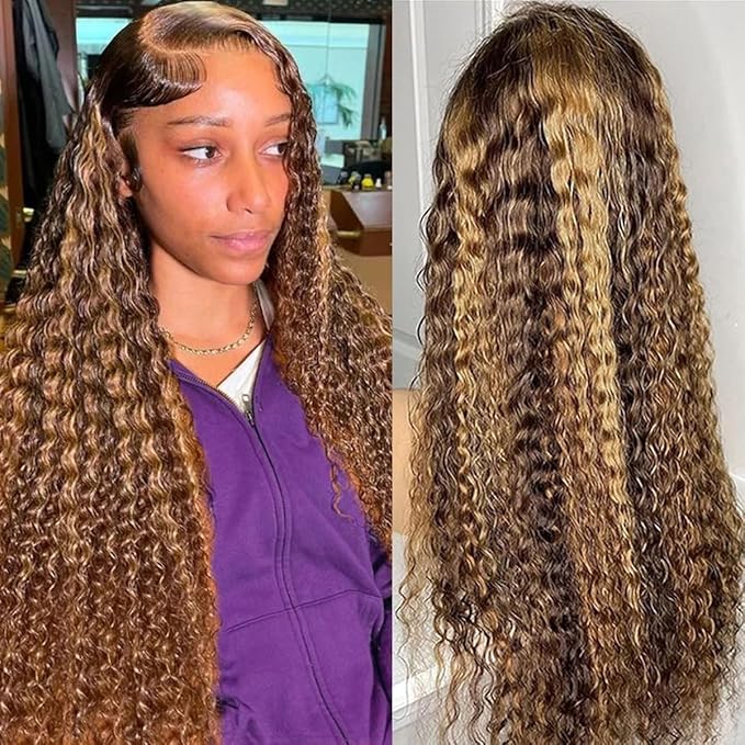 Highlight 13x6 Deep Wave Lace Front Wigs Human Hair 4/27 Ombre Curly HD Transparent Lace Frontal Wig Pre Plucked Glueless Wig human hair 210% Density Wet and Wavy Curly Wigs 18 Inch