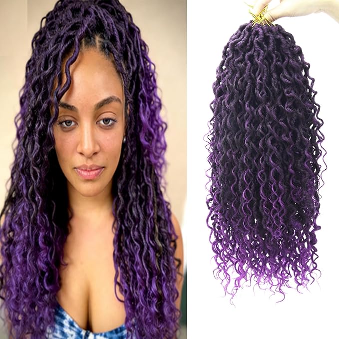 8Packs Goddess Locs Crochet Hair 18Inch Boho Faux Locs,Crochet Loc With Curly Ends River Hippie Bohemian Loc Crochet Hair for Black Women(1B/Purple, 18inch(Pack of 8))