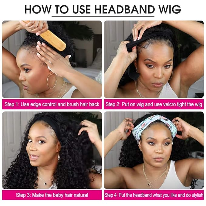 Eooma Curly Headband Wig Human Hair Glueless Wigs for Black Women 22 inch Briazilian Scarf Wig No Gel Remy Curly None Lace Front Wigs Human Hair