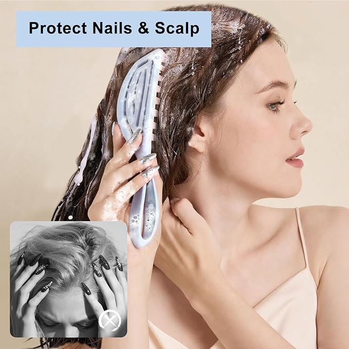 RHOS Scalp Massager, Shampoo Brush with Handle, Curved Vented Hair Scrubber, Scalp Brush for Wet & Dry Hair (Blue)