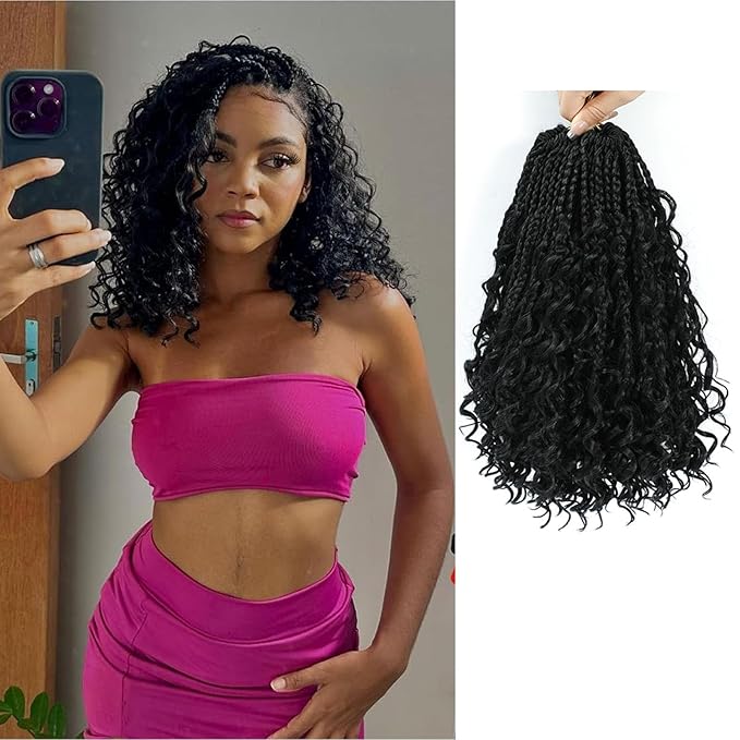 8 Packs Boho Braids Crochet Hair-8 Inch Crochet Box Braids- Bohomian Box Braid Crochet Hair Synthetic Braiding Hair Goddess Box Braids Crochet Hair for Black Women(1B)