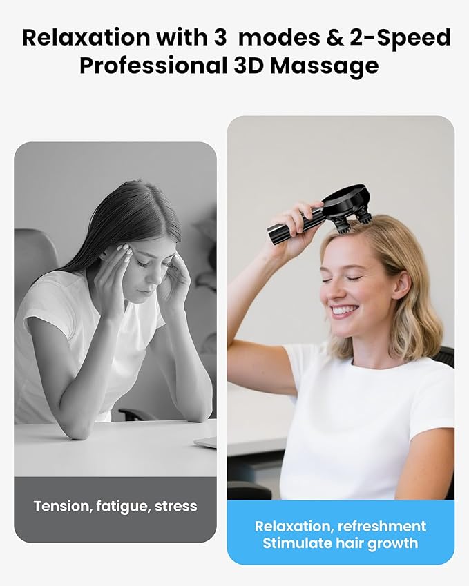 COMFIER Handheld Scalp Massager Hair Growth,Cordless Hair Head Massager with 3 Modes & 8 Silicone Claws,IPX7 Waterproof Body Massager for Stress Relax,Pet Massage,Head Scratcher,Gifts Men,Women(Black)