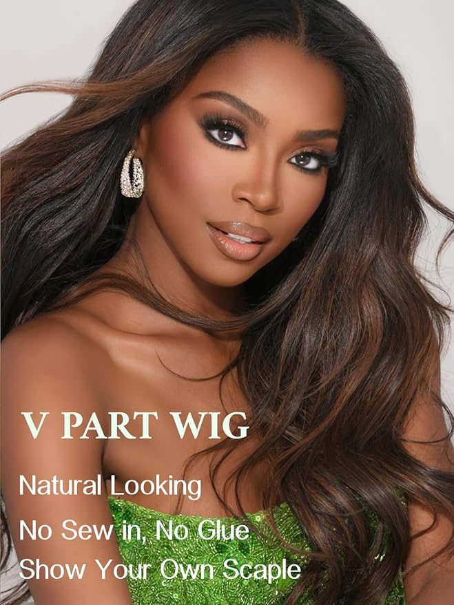 Julia Hair 12A Ombre Highlight V Part Wig Body Wave Human Hair Wigs Upgrade U Part Shadow Root Balayage Glueless Virgin Hair Clip in Half Wig No Gel No Leave Out No Sew-in Beginner Friendly 16 Inch