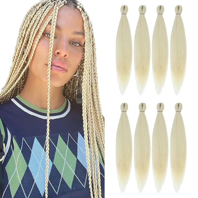 Pre-stretched Braiding Hair - 24 Inch 8 Packs Off-White Long Braiding Hair For Twist or Box Braids, Yaki Texture Hot Water Setting Synthetic Braiding Hair Extensions (24 Inch, #613-8P)