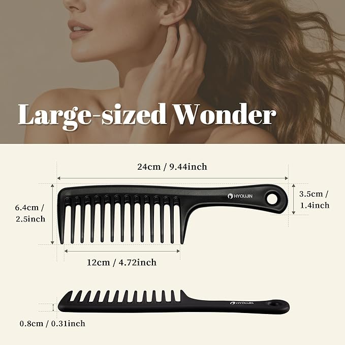 HYOUJIN Black Large Wide Tooth Detangler Paddle Brush - Best Styling Comb for Curly, Wet, Long Hair