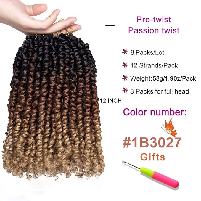 ZRQ Short Passion Twist With Bohemian Hair 12 Inch 8 Packs Ombre Brown Pre-twisted Crochet Passion Twists Synthetic Braiding Hair Curly Ends Braids Twist Hair for Black Women 12 Roots/Pack 1b3027#