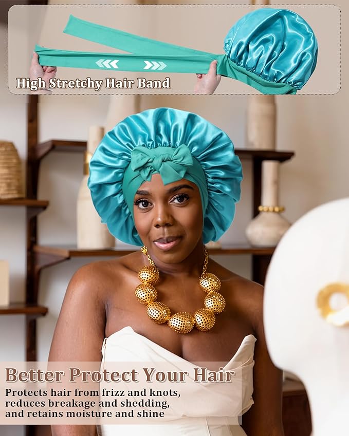 Reversible Satin Bonnet for Sleeping Women Double Layer Hair Bonnet with 2PCS Hair Scrunchies Elastic Tie Band Night Cap