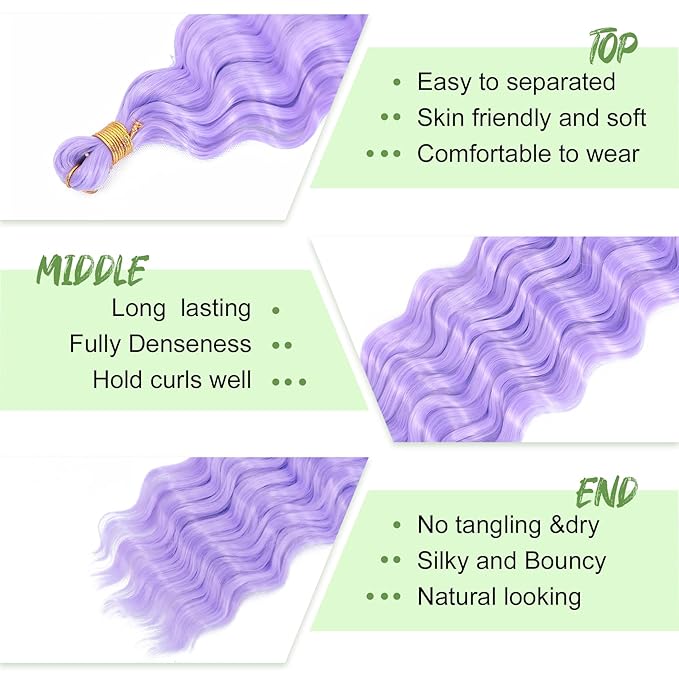 Purple Braiding Hair 18 Inch 2 Packs Long Lavender Purple Deep Ocean Wave Crochet Hair for Black Women Deep Wave Braiding Hair for Boho Braids (18 inch, lavender purple)