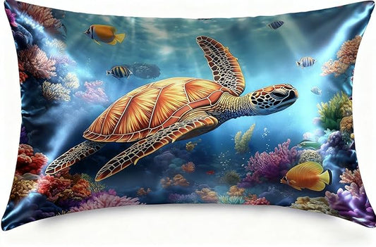 Sea Turtle Ocean Satin Pillowcase with Zipper for Hair and Skin Underwater Marine Plants 1 Pack Soft Silk Pillow Case Standard Size Wrinkle-Free Smooth and Cooling Satin Pillow Cover 20”x26”