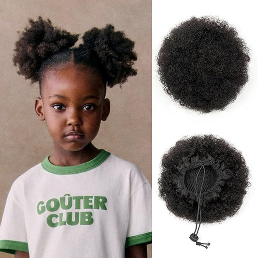isheeny Medium Curly Ponytail Extension Human Hair Black Drawstring Ponytail 2pcs For School Children, An Innovative Design For African Puffs, Delicate And Cute Loose Kinky Curls Hairpiece