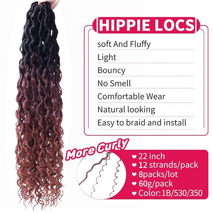 8Packs Goddess Locs Crochet Hair 22Inch Crochet Locs,Boho Faux Loc With Curly Ends River Hippie Bohemian Loc Crochet Hair for Black Women(OT530/350, 22inch(Pack of 8))