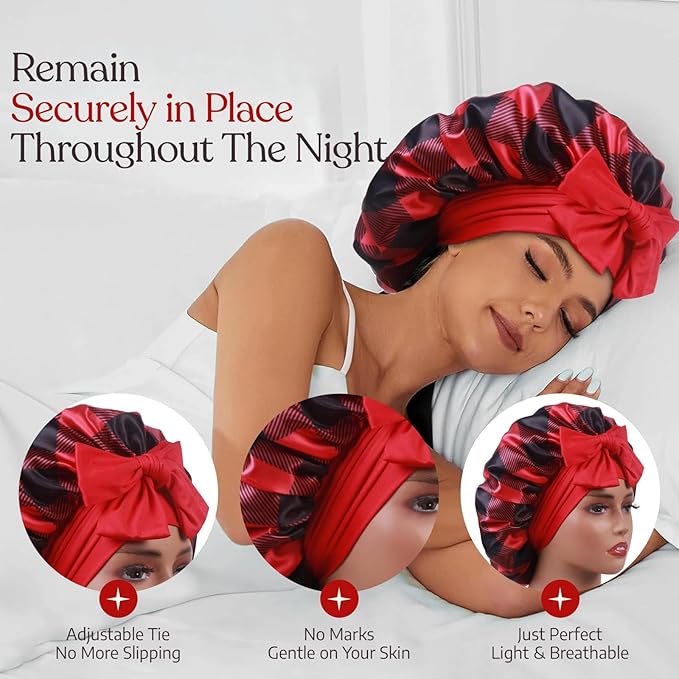 Buffalo Plaid Satin Sleep Bonnet, Double Layer Silky Red and Black Cap with Bow, Adjustable Hair Protection Headwear for Night