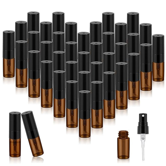 Zhehao 25 Pcs Mini Spray Bottles 2 ml Clear Glass Perfume Bottles Refillable Fine Mist Perfume Atomizer Portable Empty Sample Containers for Cleaning, Essential Oils, Travel (Amber)