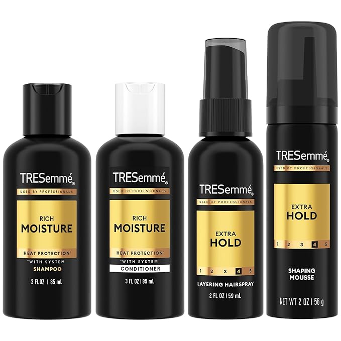 TRESemmé Travel Shampoo, Conditioner, Hairspray & Hair Mousse – Rich Moisture Hair Products + Non-Aerosol Hair Spray & Alcohol-Free Mousse, 24H Frizz Control (4 Piece Set)