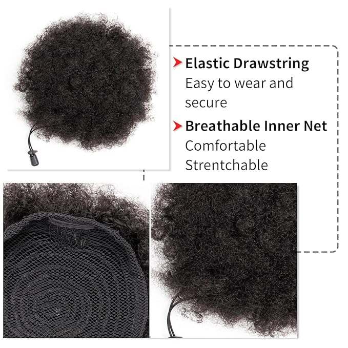Afro Puff Drawstring Ponytail Human Hair Small Kinky Curly Ponytail Buns Hairpieces 8A Brazilian Virgin Hair Short Clip In Ponytails for Black Women Girls Kids 6 Inch Natural Black