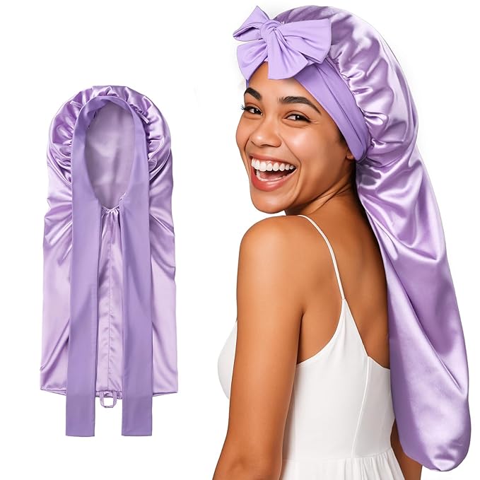 Umisleep Silk Bonnet for Sleeping Women, 22 Momme Mulberry Real Silk, Long Hair Bonnet for Braids & Curls to Reduce Frizz, Double Layer Hair Wrap with Soft Adjustable Tie Band, Purple