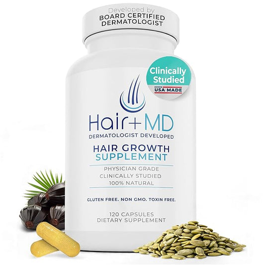 Hair Plus MD Hair Growth Supplement, 120 Capsules – Supports Hair Growth & Density – Dermatologist-Developed with Collagen & Vitamins – Gluten-Free, Toxin-Free, Non-GMO – 1 Month Supply
