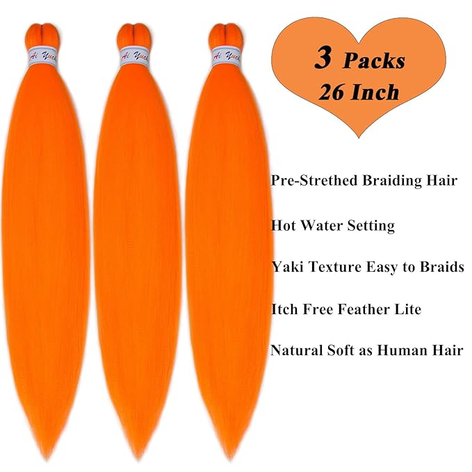Orange Braiding Hair Pre Stretched Kanekalo Color Braiding Hair Extensions for Braiding Box Braids Micro Crochet Hypoallergenic Jumbo Knotless Kids Pre Curled Prestressed Braiding Hair 26 inch